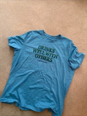 Life Is Good Men's Teal Blue Short Sleeve Tee with Green Text
